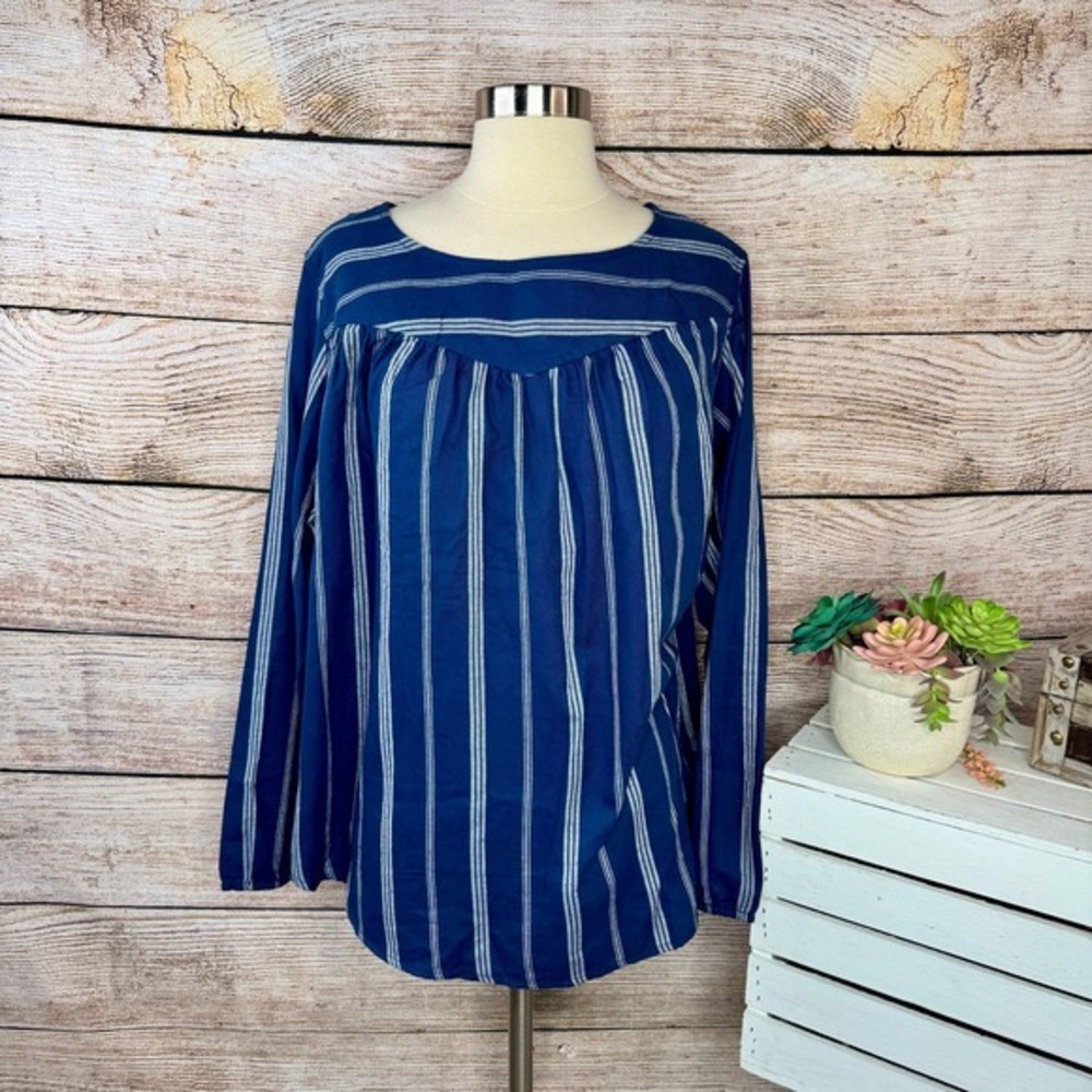 5/$25 Lee Riders Striped Blouse Long Sleeve Casual Top Blue White XL